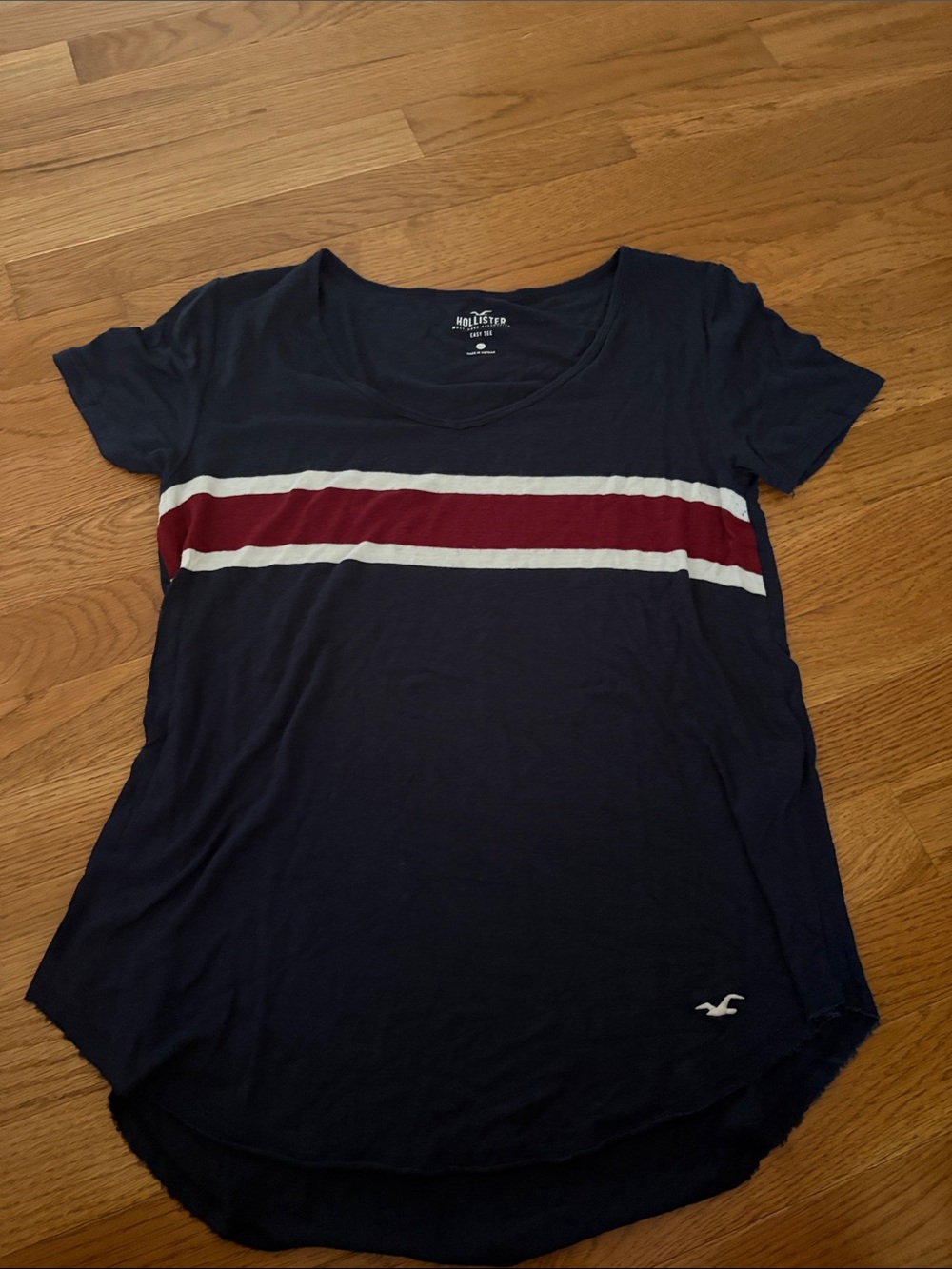 Hollister Navy Tee with Red and White Chest Stripes